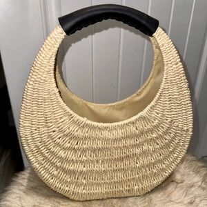 Elegant Cream Woven Handbag with Black Handle